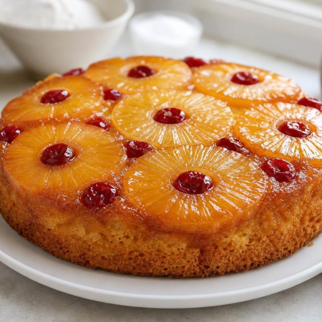Caribbean Rum-Infused Pineapple Upside Down Cake with caramelized pineapple rings on top