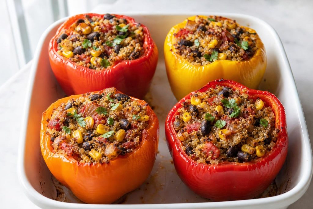 Four vegan stuffed bell peppers filled with quinoa and black beans in a baking dish.