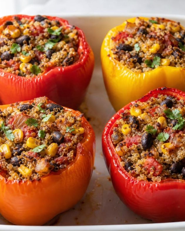 Four vegan stuffed bell peppers filled with quinoa and black beans in a baking dish.