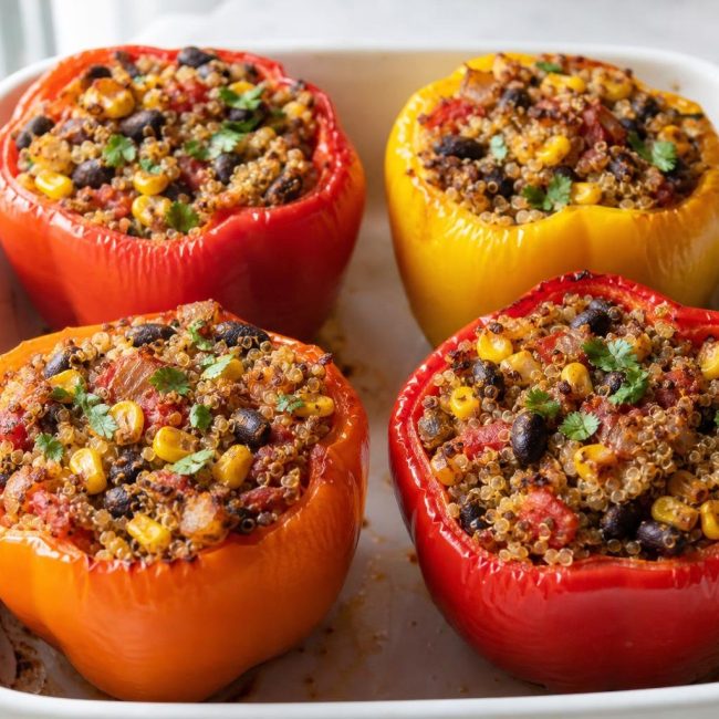 Four vegan stuffed bell peppers filled with quinoa and black beans in a baking dish.