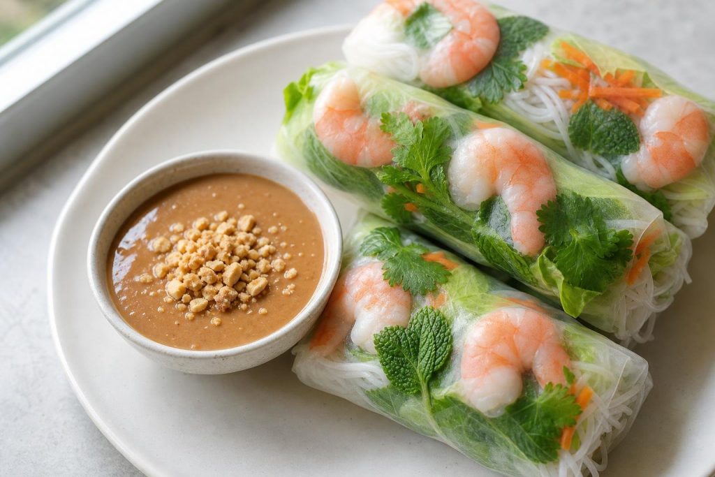 Vietnamese fresh spring rolls filled with shrimp and herbs served with peanut dipping sauce