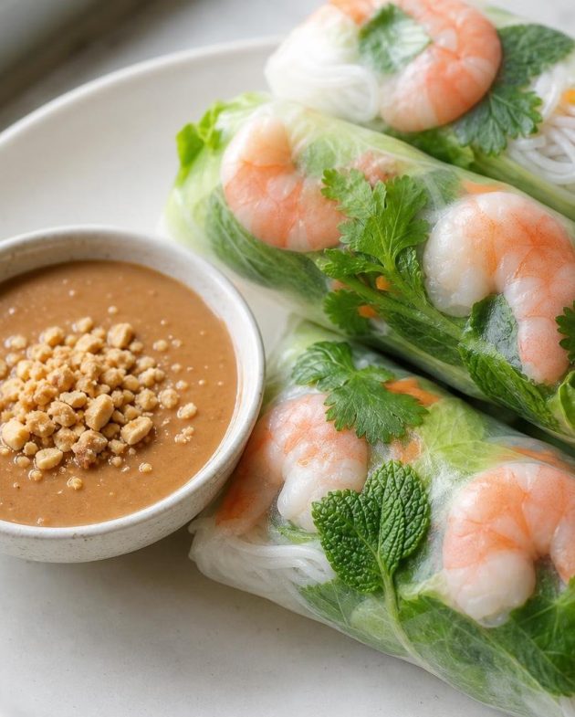 Vietnamese fresh spring rolls filled with shrimp and herbs served with peanut dipping sauce