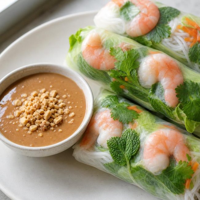 Vietnamese fresh spring rolls filled with shrimp and herbs served with peanut dipping sauce