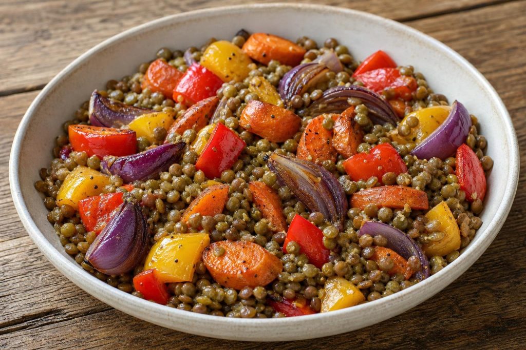 Warm lentil and roasted vegetable salad with Dijon vinaigrette in a bowl garnished with parsley.
