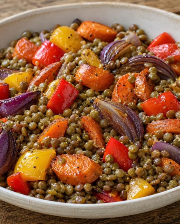 Warm lentil and roasted vegetable salad with Dijon vinaigrette in a bowl garnished with parsley.