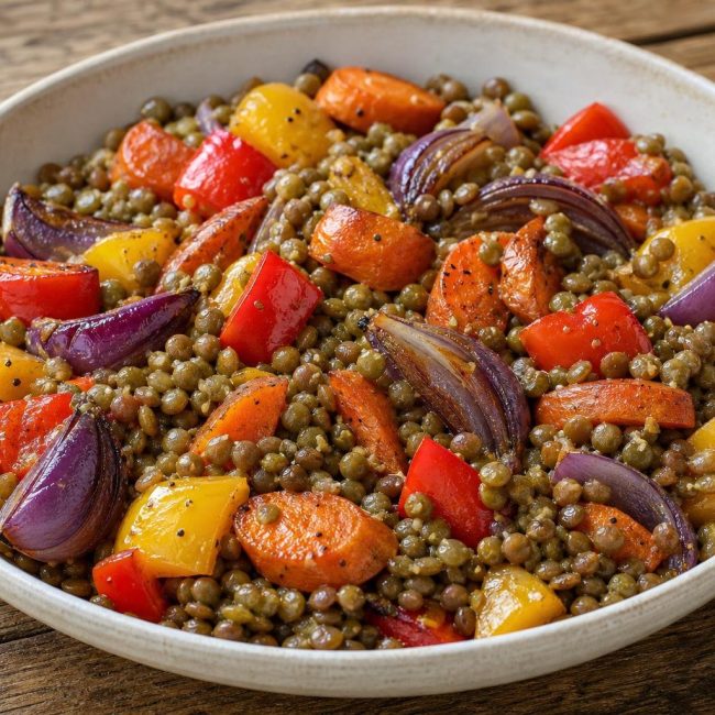 Warm lentil and roasted vegetable salad with Dijon vinaigrette in a bowl garnished with parsley.