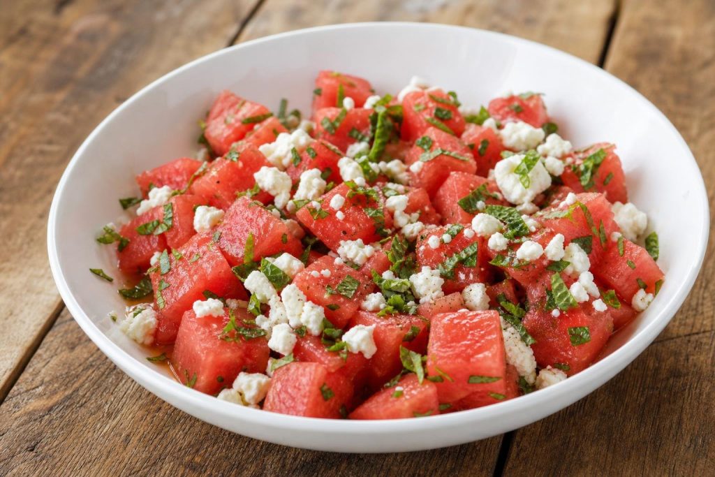 Bowl of watermelon feta and mint salad with lime vinaigrette showing watermelon cubes, crumbled feta, and chopped mint.