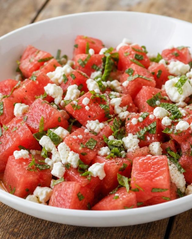 Bowl of watermelon feta and mint salad with lime vinaigrette showing watermelon cubes, crumbled feta, and chopped mint.