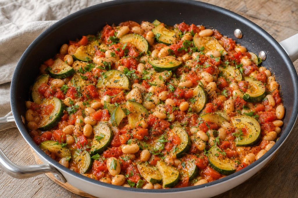 White bean and zucchini tomato skillet garnished with fresh parsley served warm in a skillet.