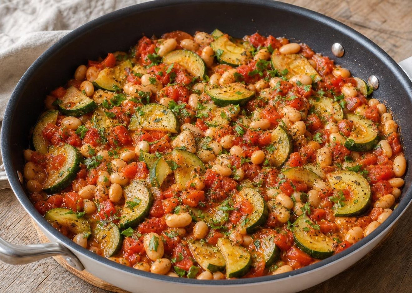 White bean and zucchini tomato skillet garnished with fresh parsley served warm in a skillet.