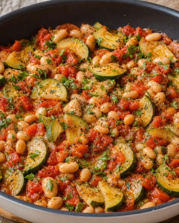 White bean and zucchini tomato skillet garnished with fresh parsley served warm in a skillet.