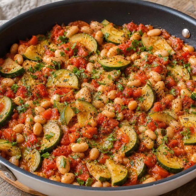 White bean and zucchini tomato skillet garnished with fresh parsley served warm in a skillet.
