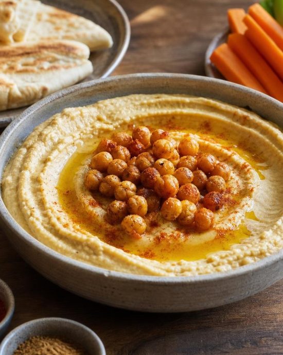 Bowl of zesty lemon hummus topped with roasted chickpeas and olive oil drizzle, served with pita bread.
