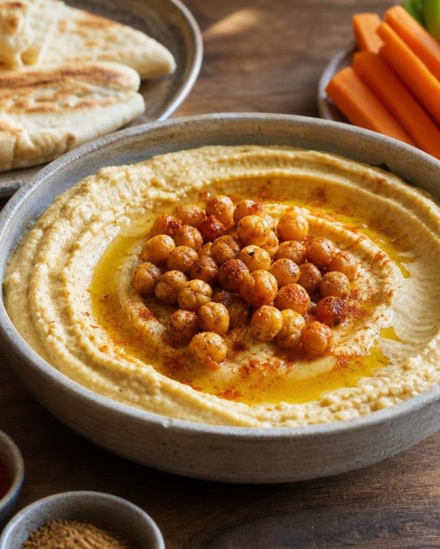 Bowl of zesty lemon hummus topped with roasted chickpeas and olive oil drizzle, served with pita bread.