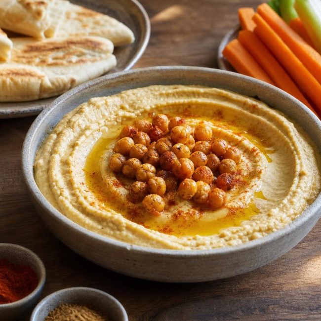 Bowl of zesty lemon hummus topped with roasted chickpeas and olive oil drizzle, served with pita bread.